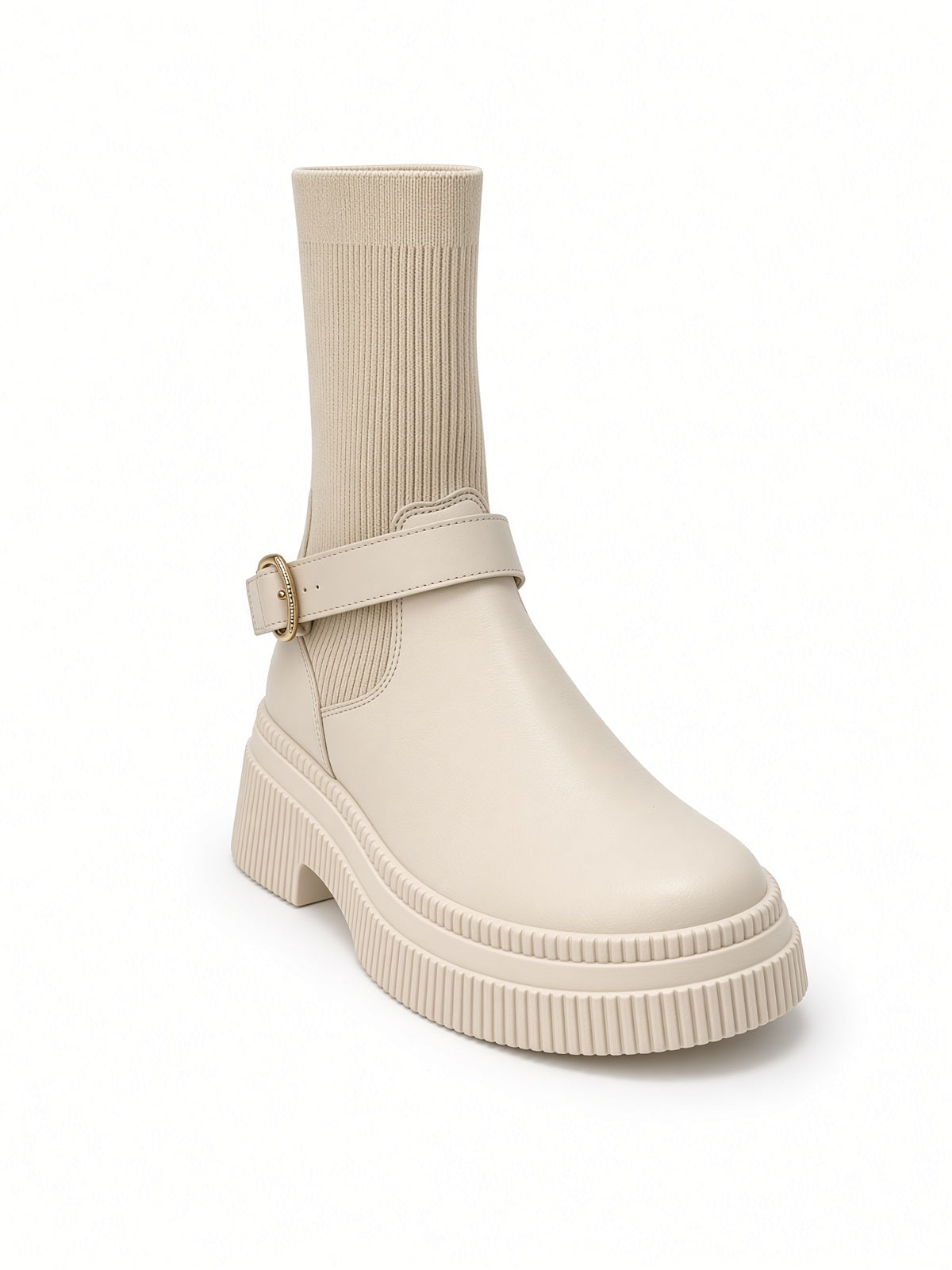 Botín Casual de Mujer con Tubo Tejido y Hebilla Marca Mustaza – Color Beige
