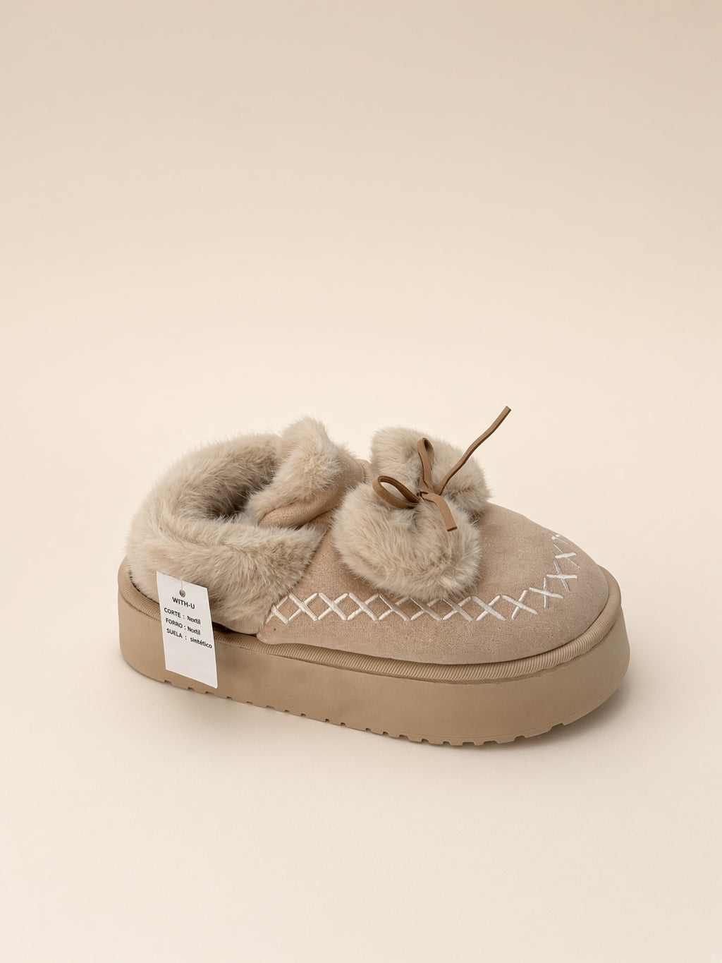 Pantuflas De Peluche Con Plataforma Para Mujer Invierno Beige