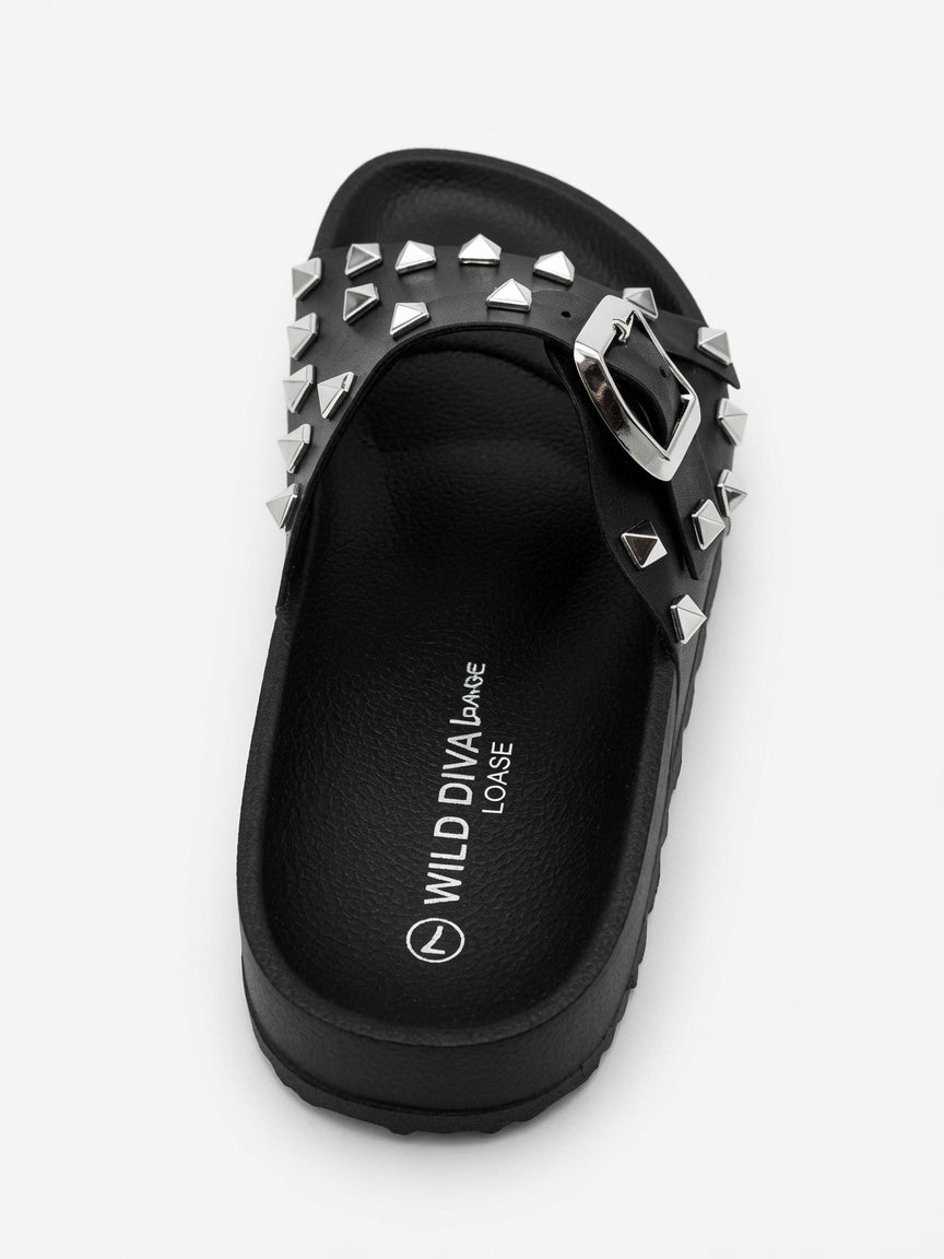 Sandalias De Piso Negro Con Estoperoles Doble Hebilla Mujer