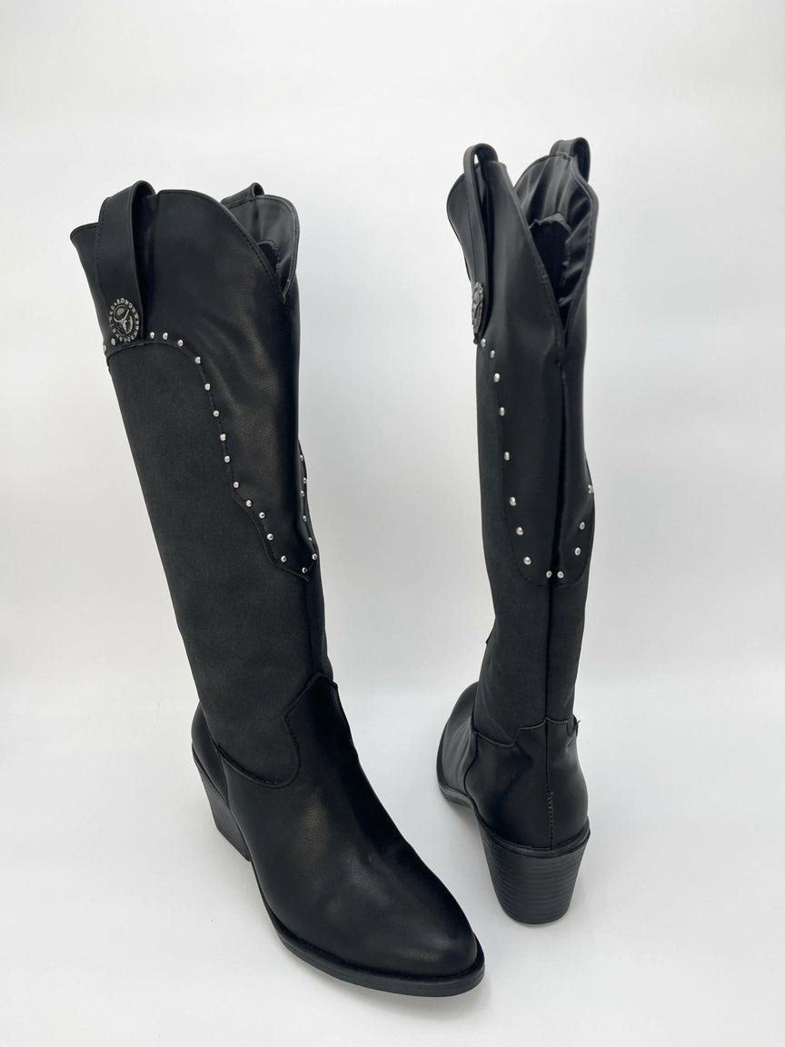 Botas Largas Estilo Texano con Estoperoles y Tacón - Negro