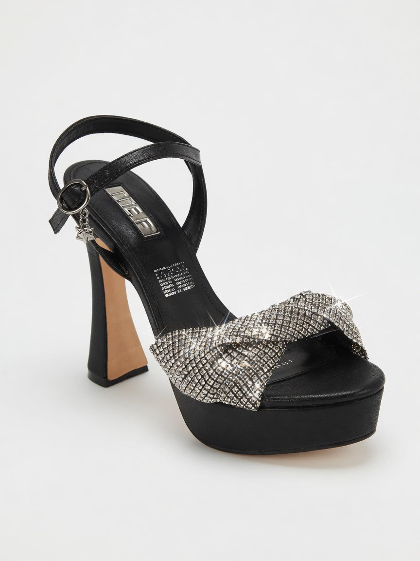 Zapatilla de Tacón Acampanado con Plataforma y Moño de Brillantes