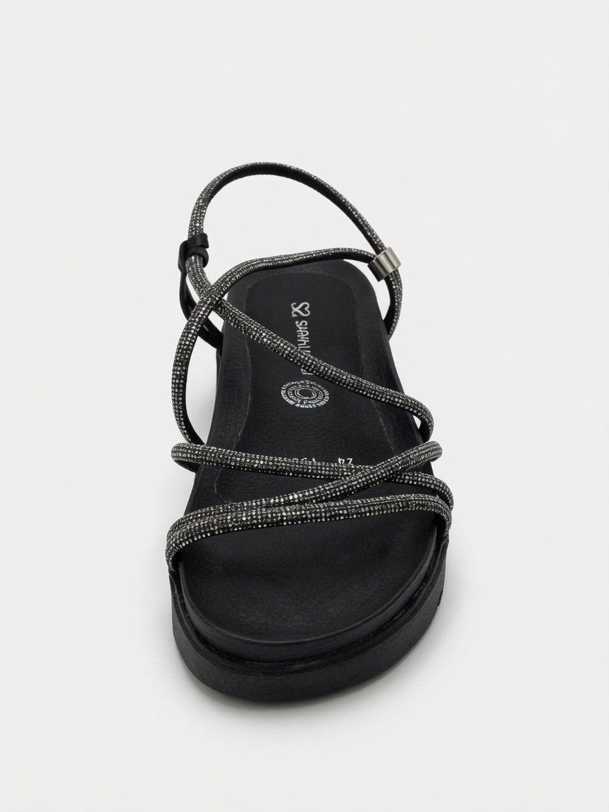 Sandalias Negras con Plataforma y Tiras Brillantes para Mujer