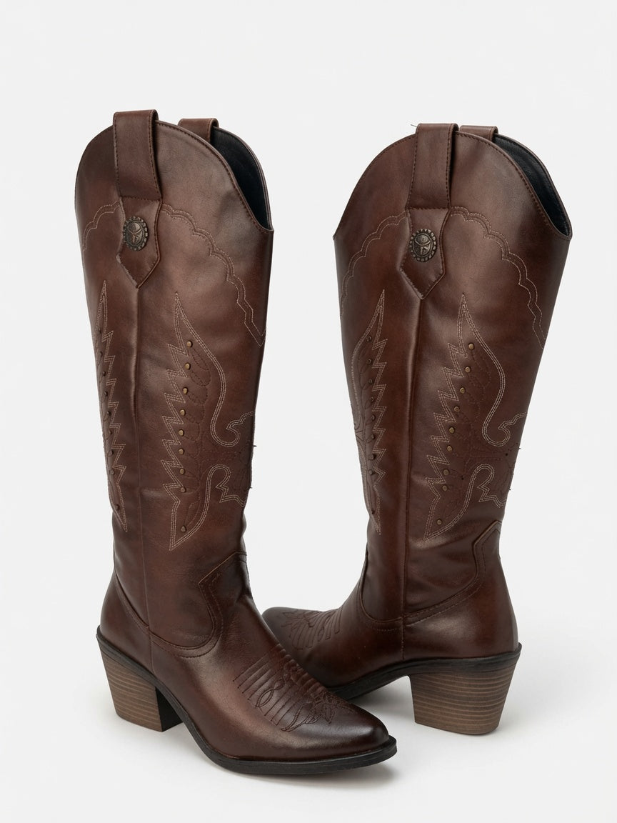 Botas Texanas Largas en Color Chocolate para Mujer - Tacón