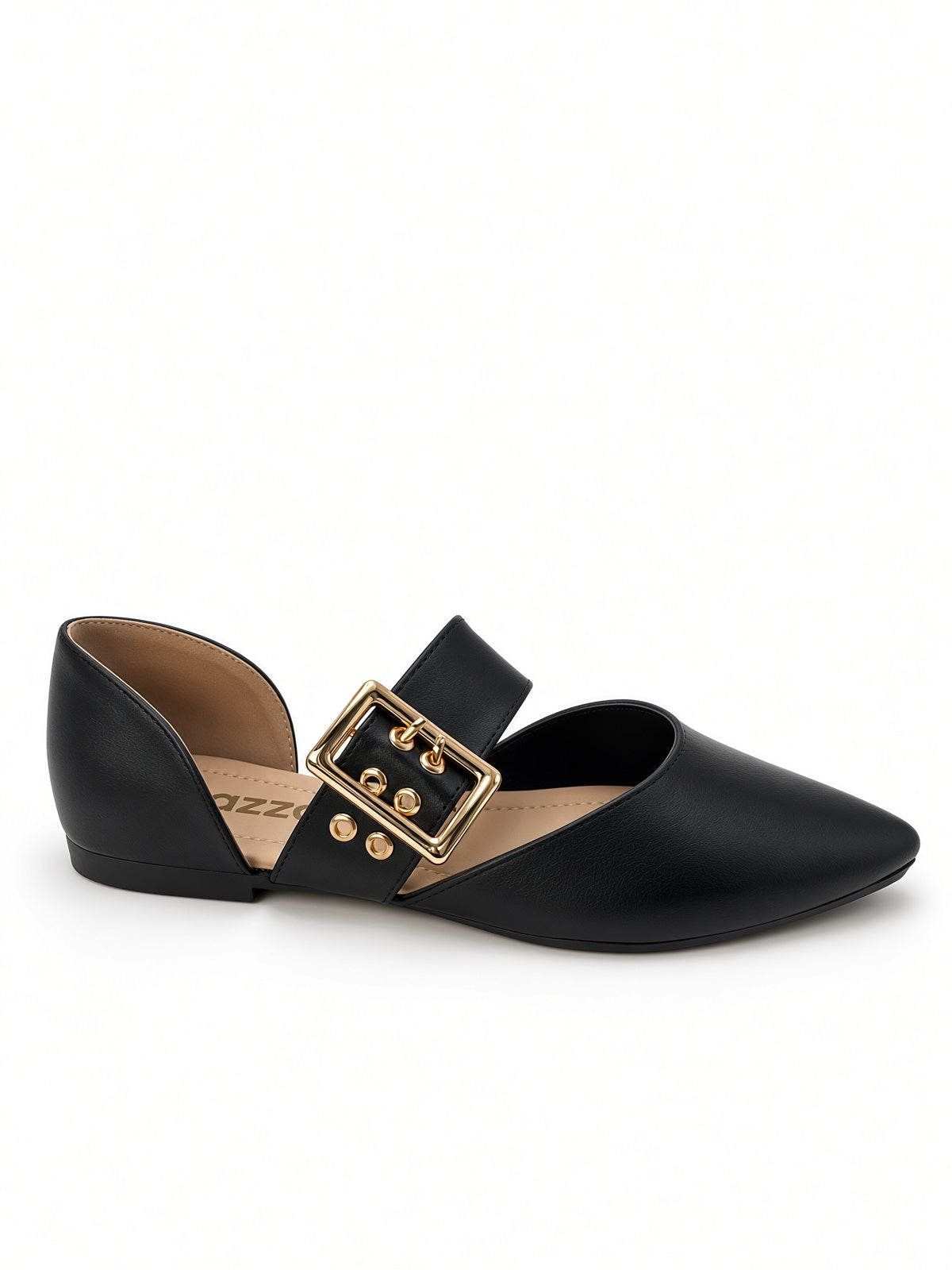 Zapato Flat Negro de Punta Puntiaguda con Correa y Hebilla