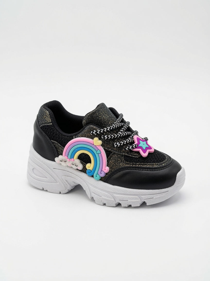 Tenis Niña Negro Brillos Diseños De Arcoiris