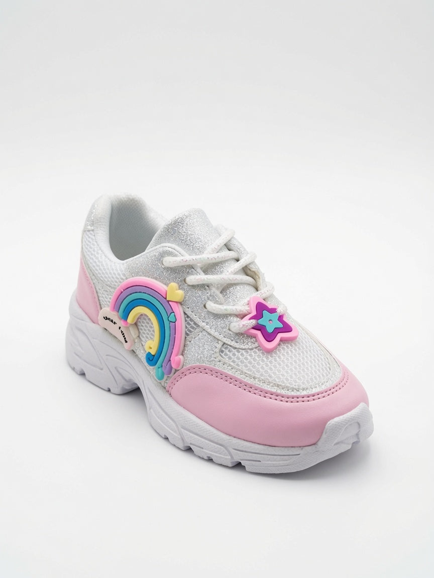 Tenis Niña Rosa Pastel Con Brillos Diseños De Arcoiris