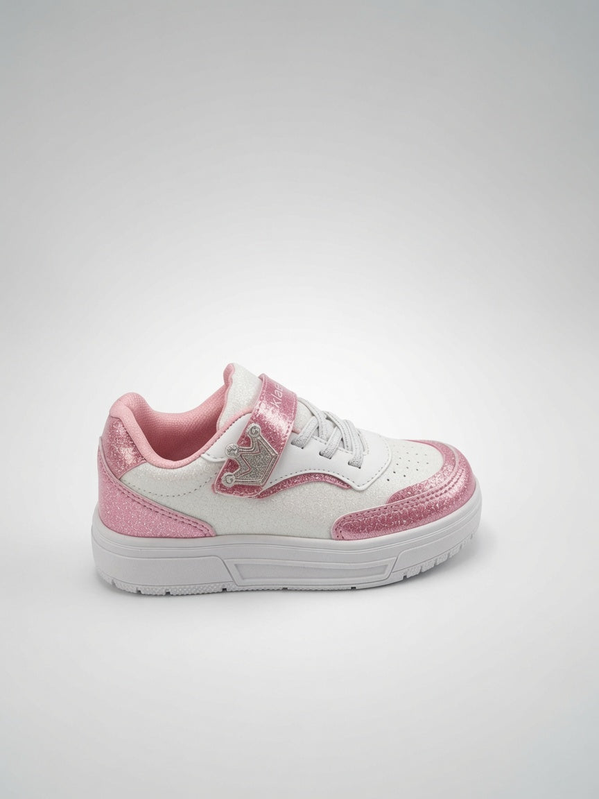 Tenis Niña Blanco Con Rosa Glitter Y Detalle Corona