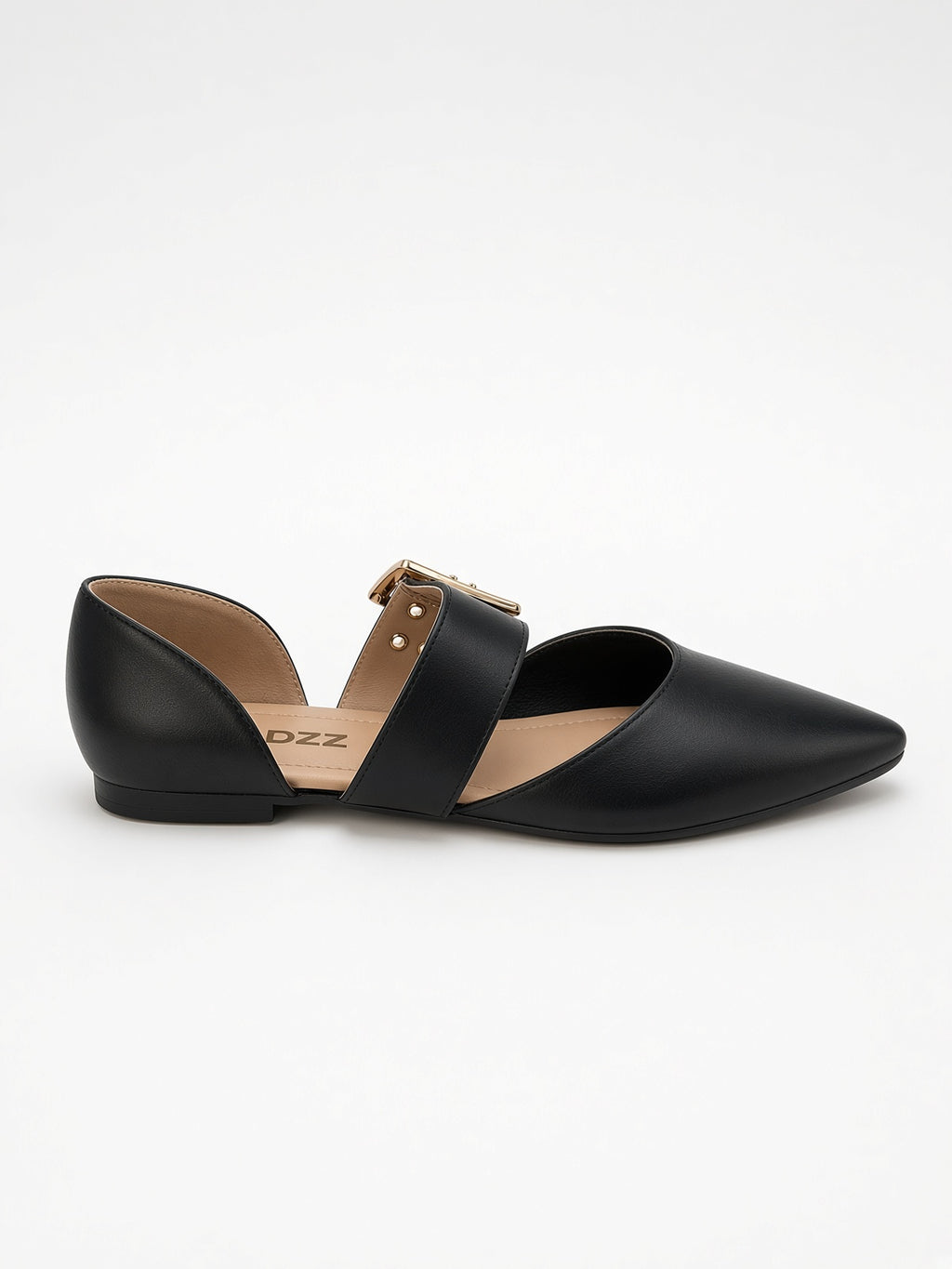 Zapato Flat Negro de Punta Puntiaguda con Correa y Hebilla