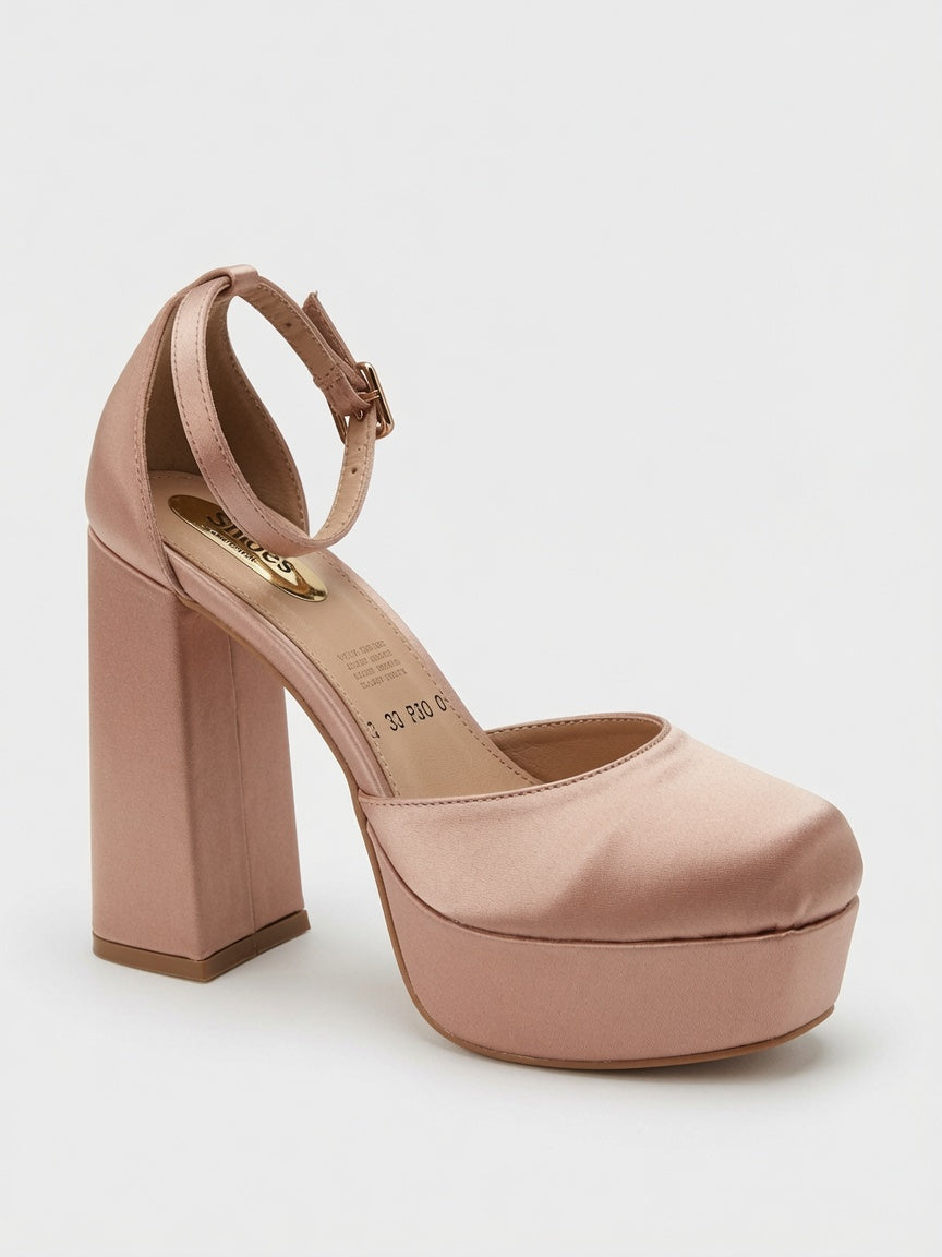 Zapatilla Plataforma Tacón Ancho Para Mujer Satín