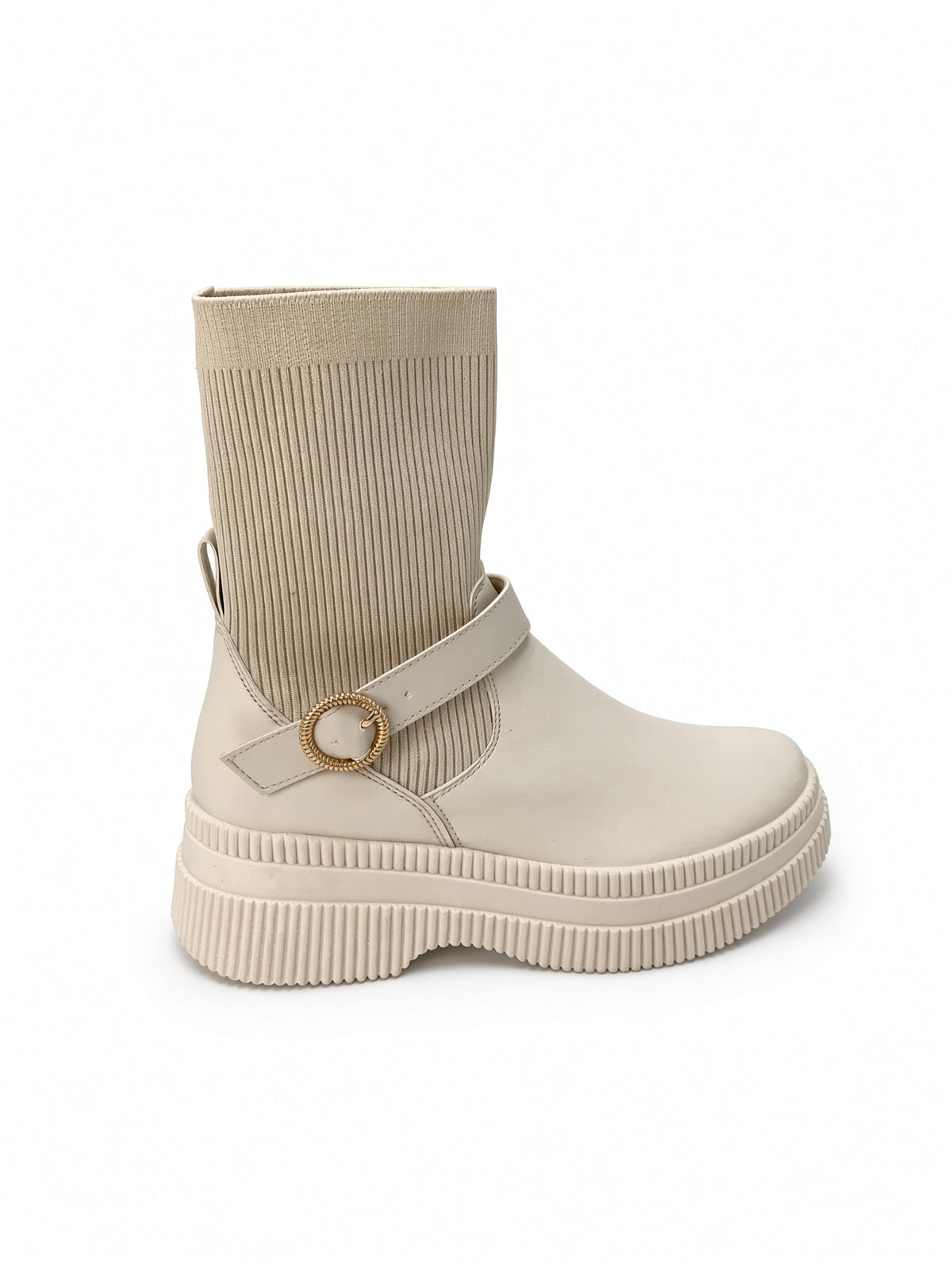 Botín Casual de Mujer con Tubo Tejido y Hebilla Marca Mustaza – Color Beige