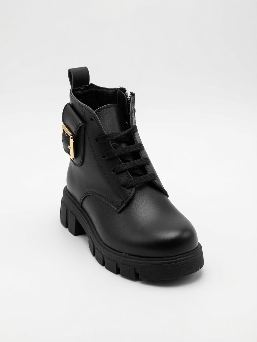 Bota Urbana Para Niña Negra Con Hebilla Y Bolsillo