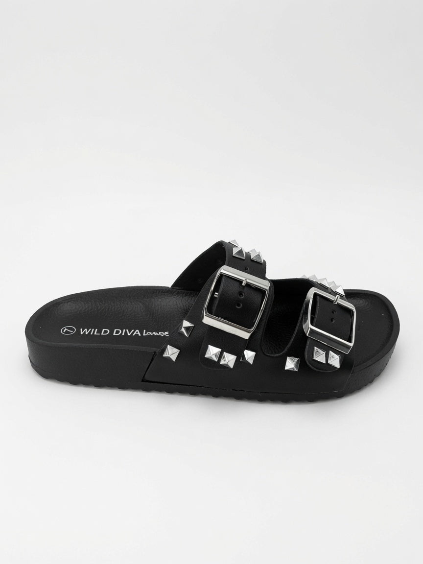 Sandalias De Piso Negro Con Estoperoles Doble Hebilla Mujer
