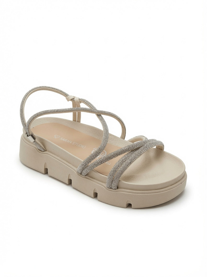 Sandalia Beige con Plataforma y Tiras Brillantes para Mujer