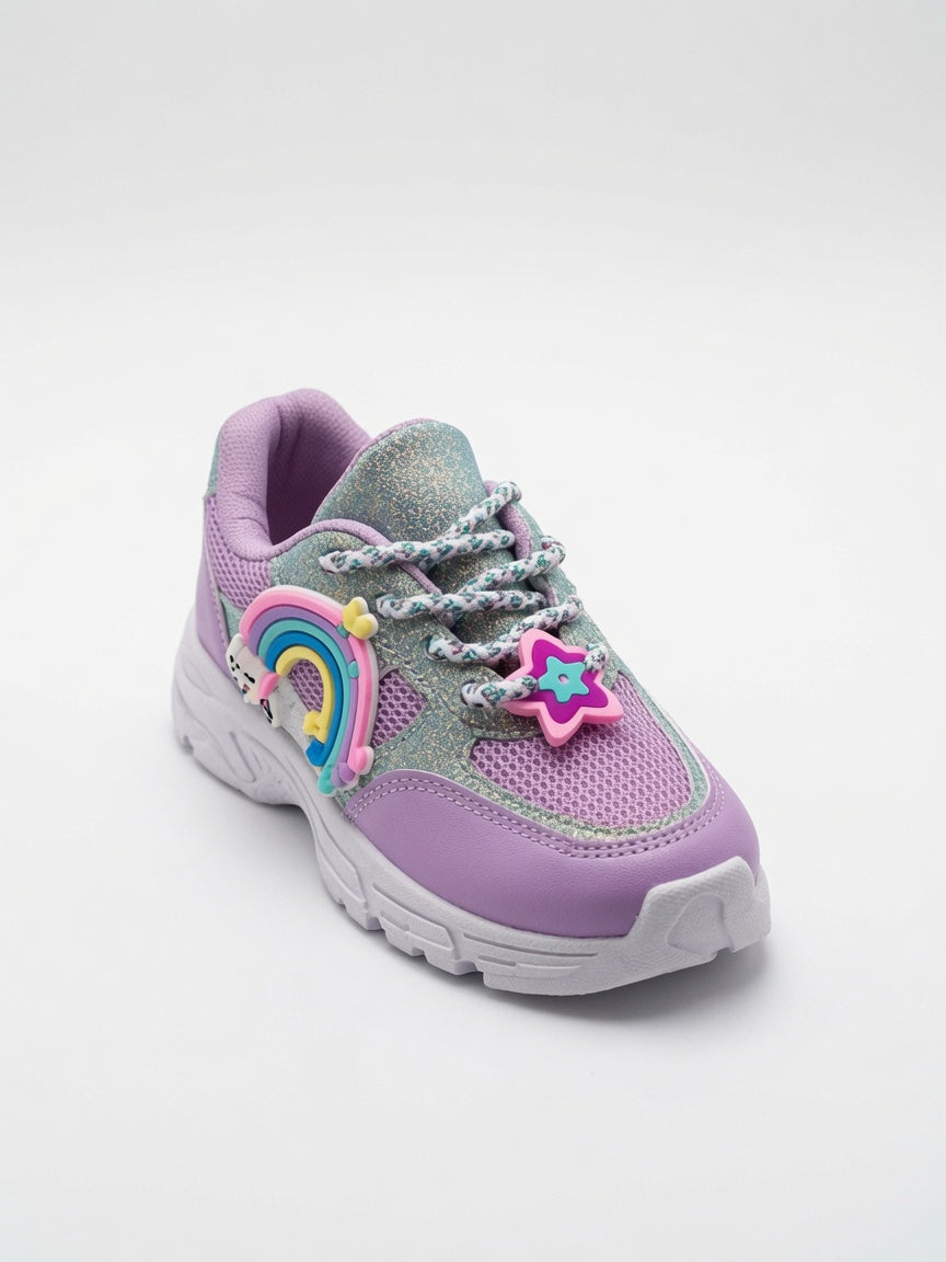 Tenis Niña Morado Pastel Con Brillos Diseños De Arcoiris