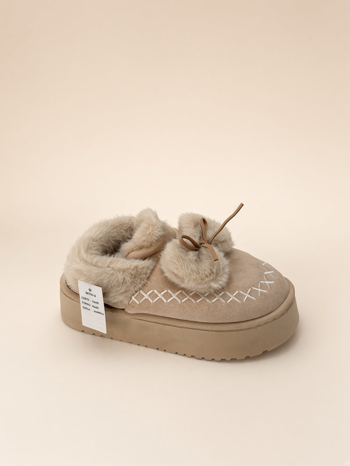 Pantuflas De Peluche Con Plataforma Para Mujer Invierno Beige