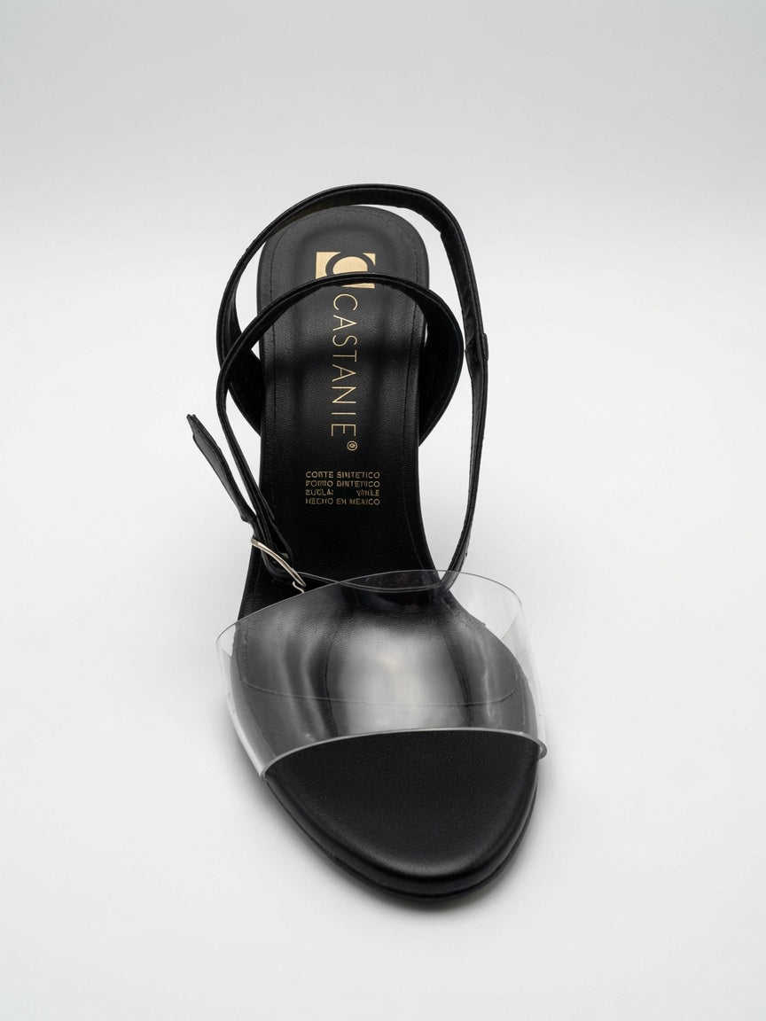 Zapatillas Tacón Aguja Negro Con Tira Transparente