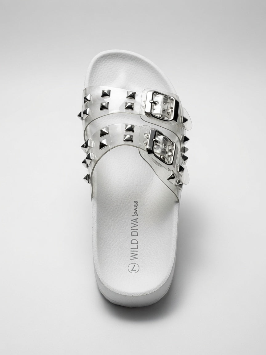 Sandalias De Piso Blanco Con Estoperoles Doble Hebilla Mujer