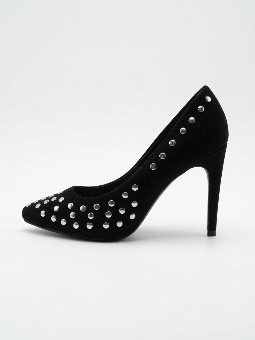 Zapatilla Negra Elegante Con Estoperoles De Tacón Aguja