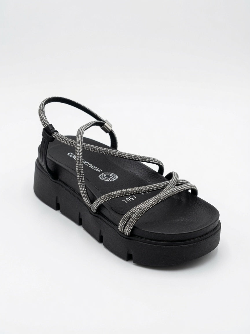 Sandalias Negras con Plataforma y Tiras Brillantes para Mujer