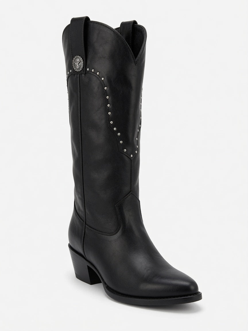Botas Largas Estilo Texano con Estoperoles y Tacón - Negro