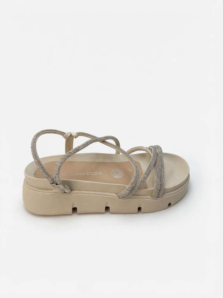 Sandalia Beige con Plataforma y Tiras Brillantes para Mujer