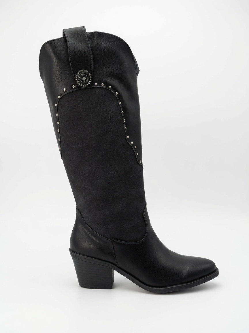 Botas Largas Estilo Texano con Estoperoles y Tacón - Negro