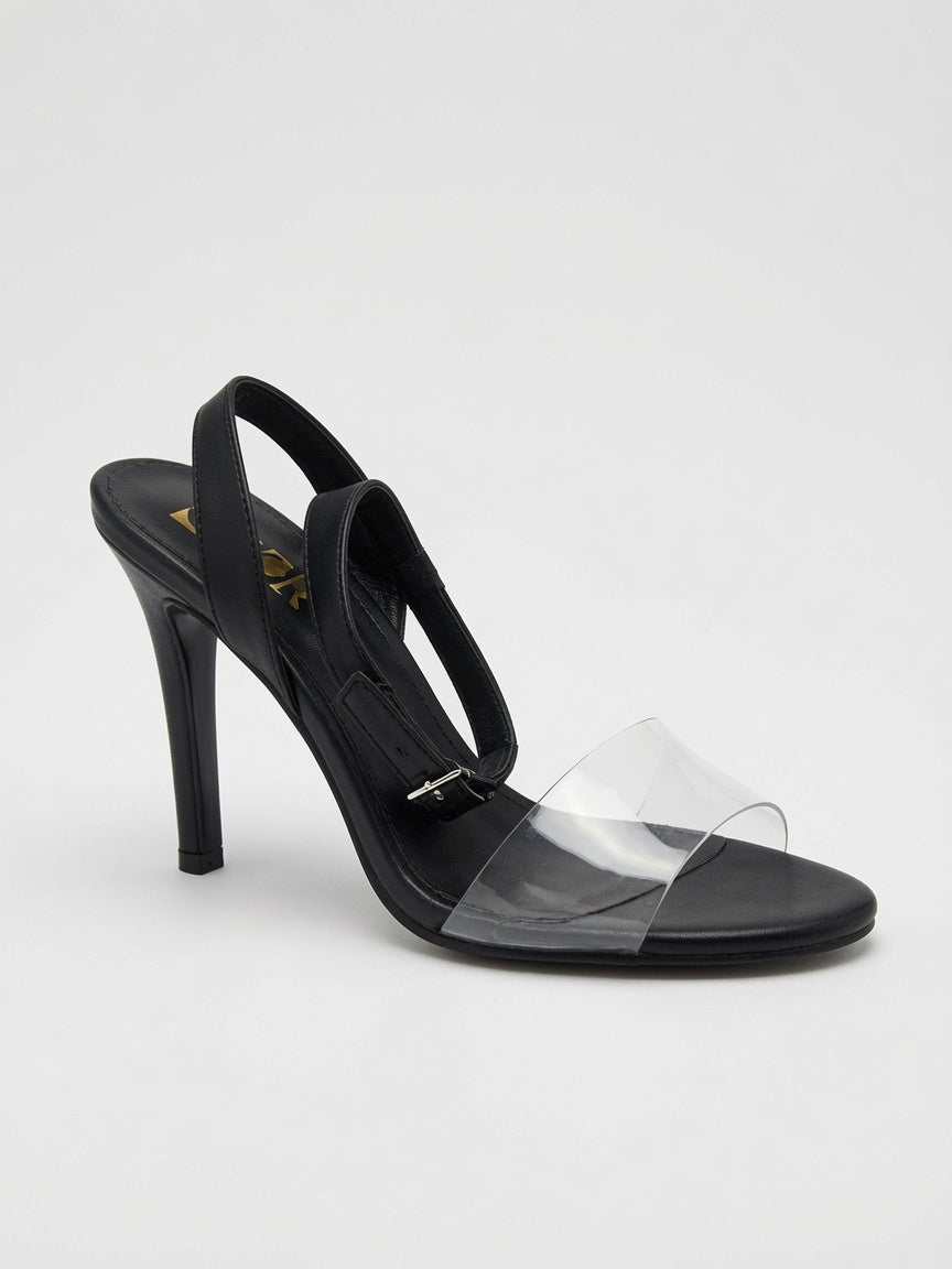 Zapatillas Tacón Aguja Negro Con Tira Transparente