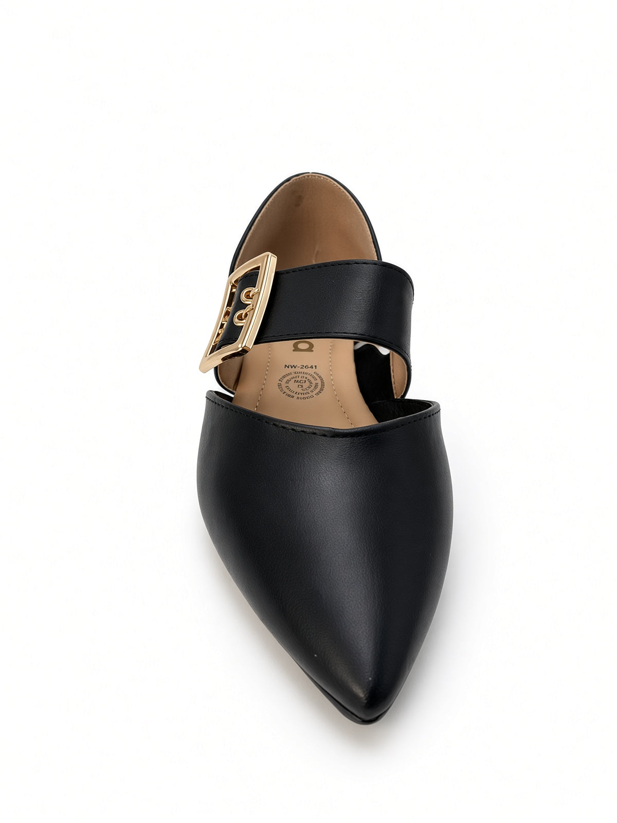 Zapato Flat Negro de Punta Puntiaguda con Correa y Hebilla