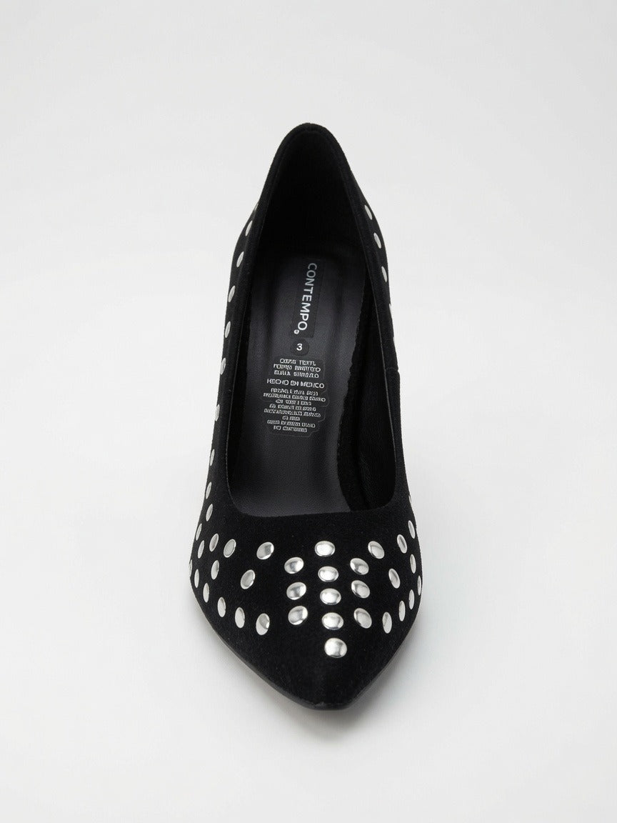 Zapatilla Negra Elegante Con Estoperoles De Tacón Aguja