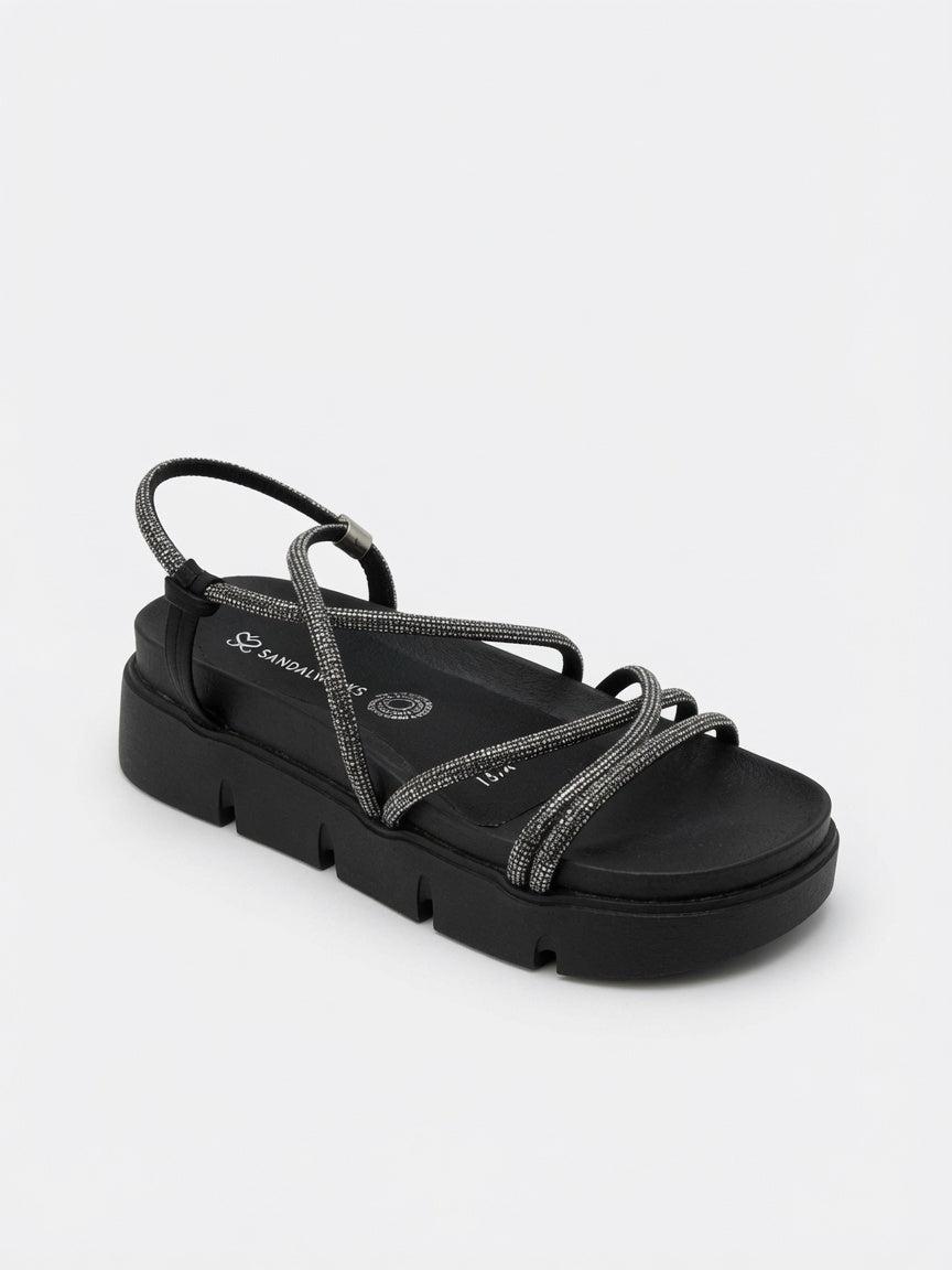 Sandalias Negras con Plataforma y Tiras Brillantes para Mujer