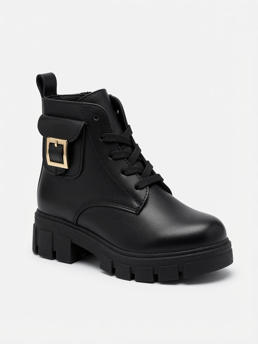 Bota Urbana Para Niña Negra Con Hebilla Y Bolsillo