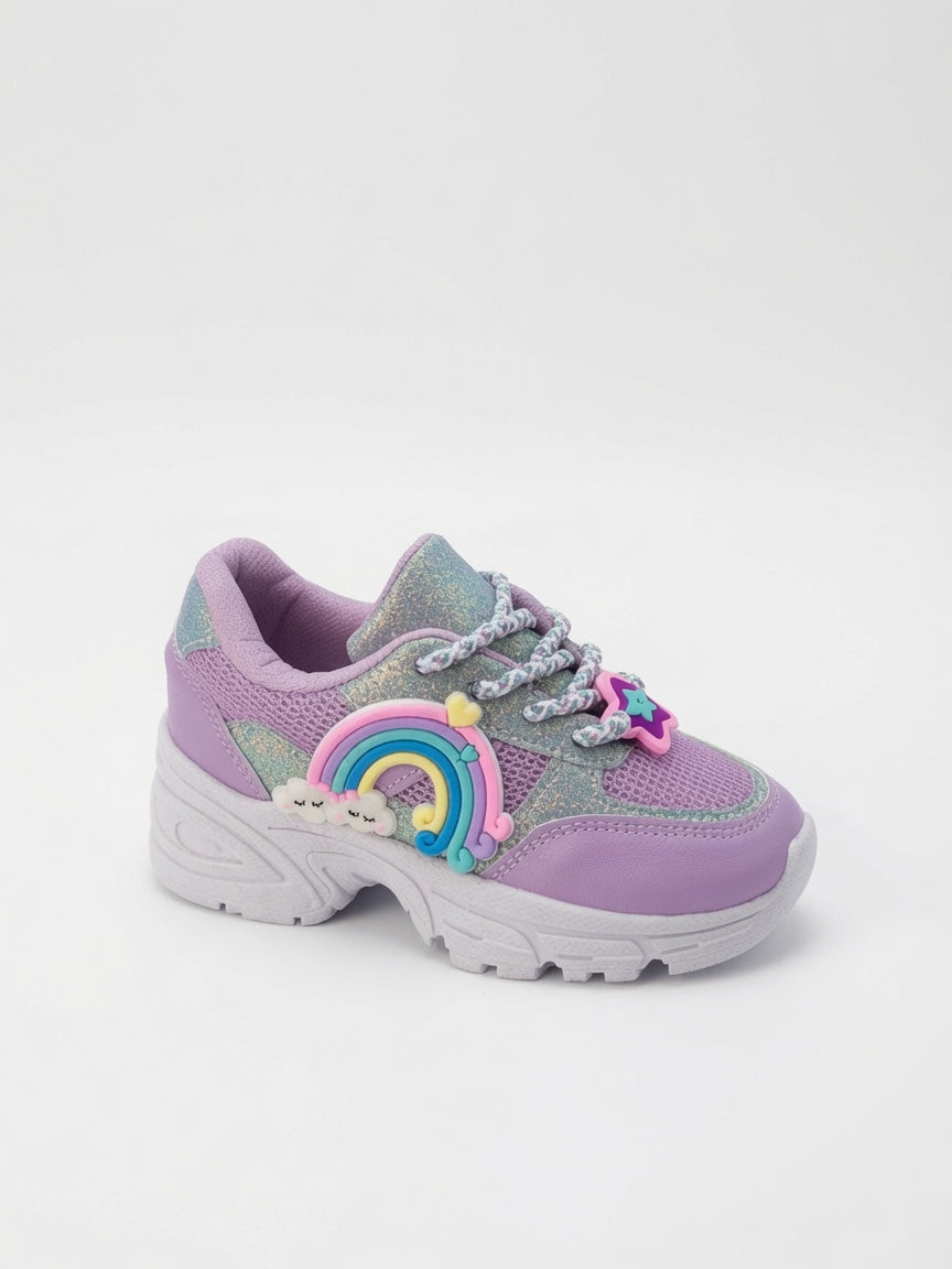 Tenis Niña Morado Pastel Con Brillos Diseños De Arcoiris