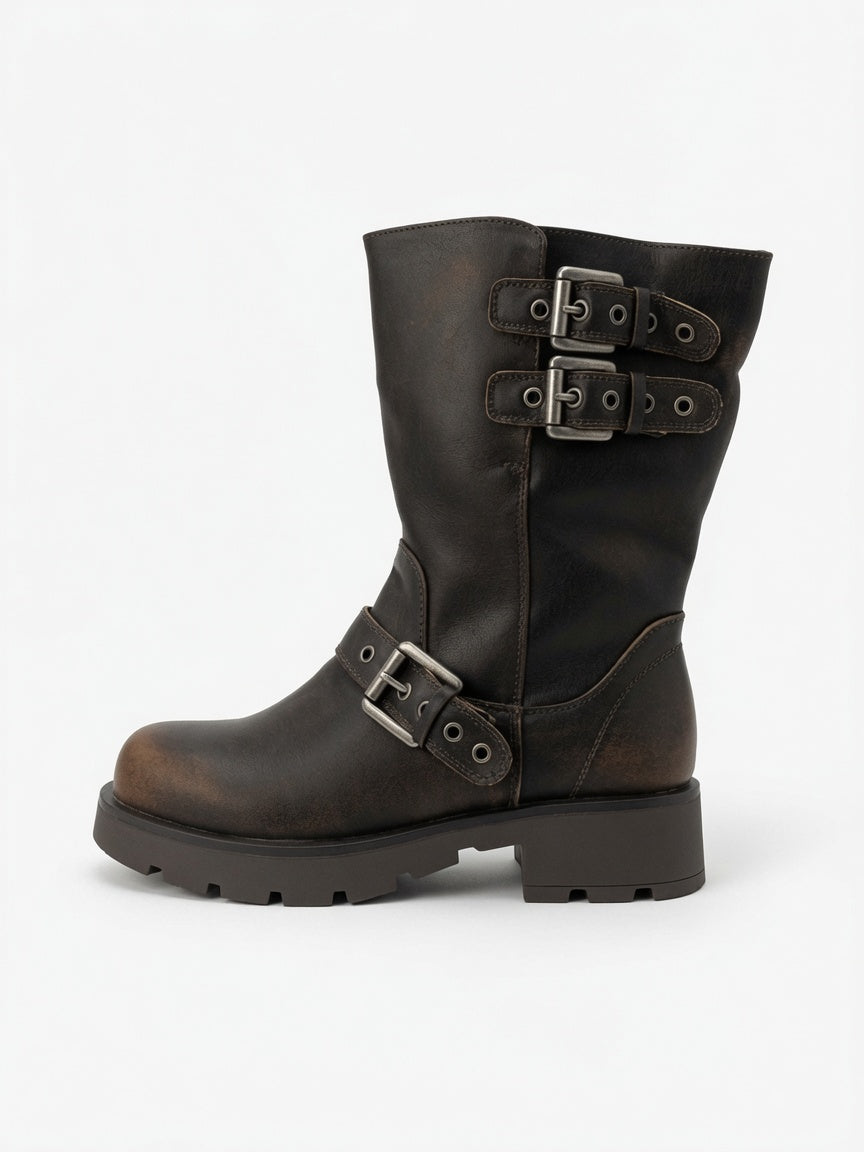 Botin Efe "Rocker" con Hebillas Múltiples - Café Deslavado