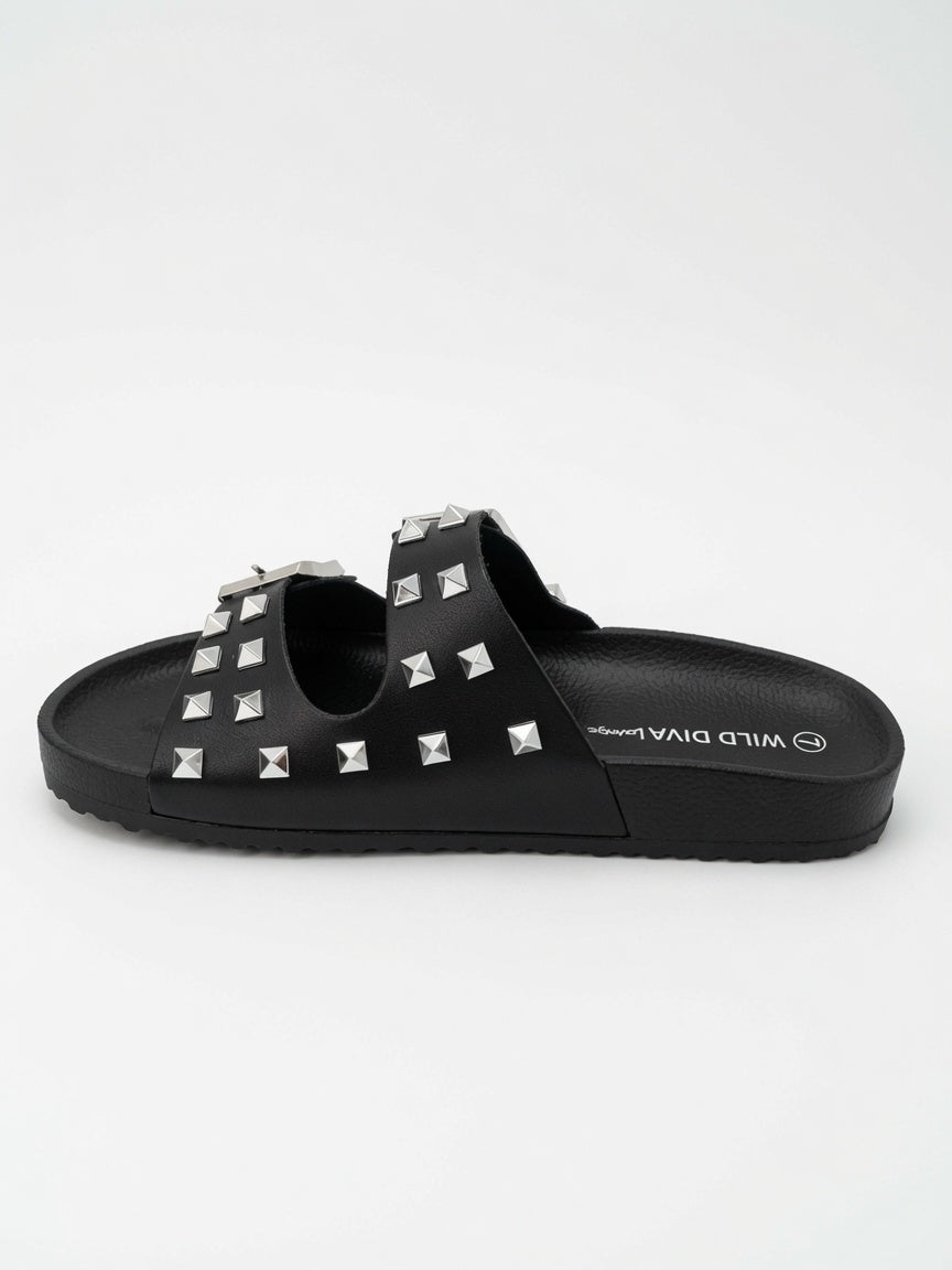 Sandalias De Piso Negro Con Estoperoles Doble Hebilla Mujer