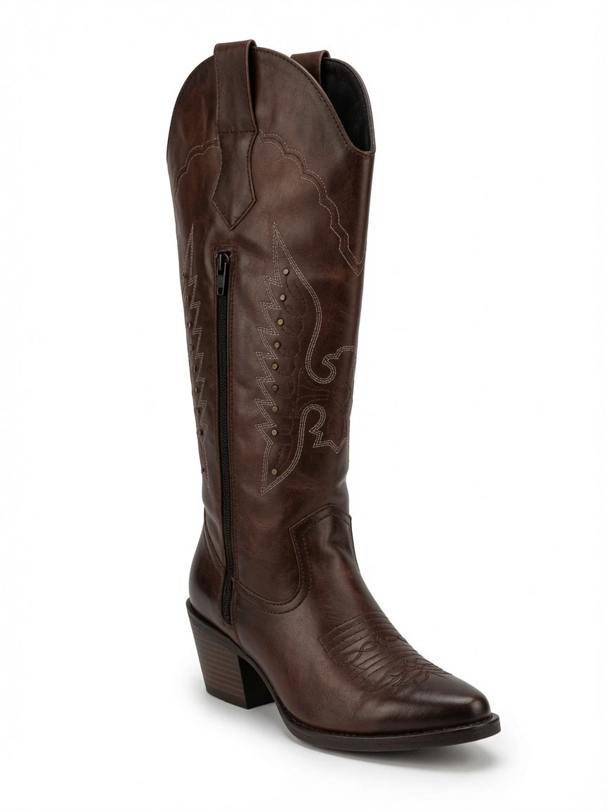 Botas Texanas Largas en Color Chocolate para Mujer - Tacón