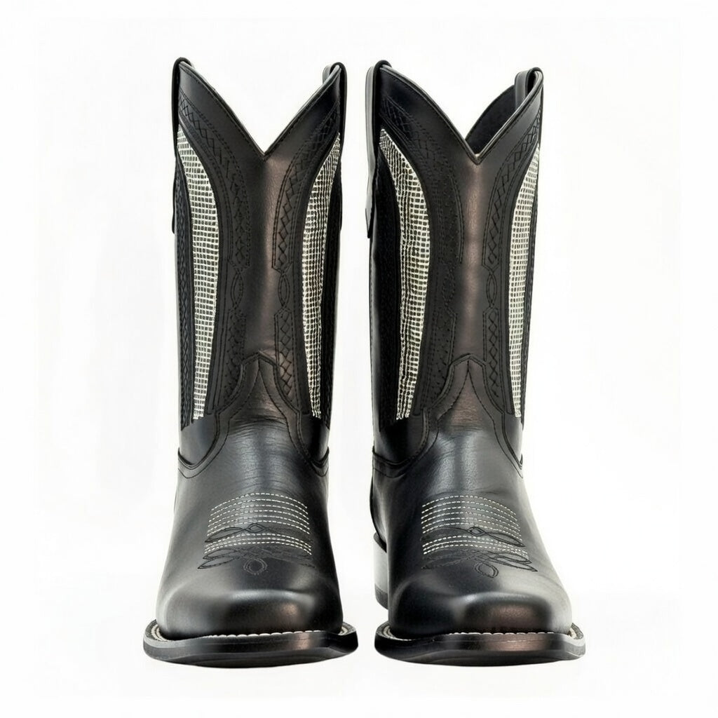 Bota vaquera tipo rodeo, piel auténtica de res y suela de cuero