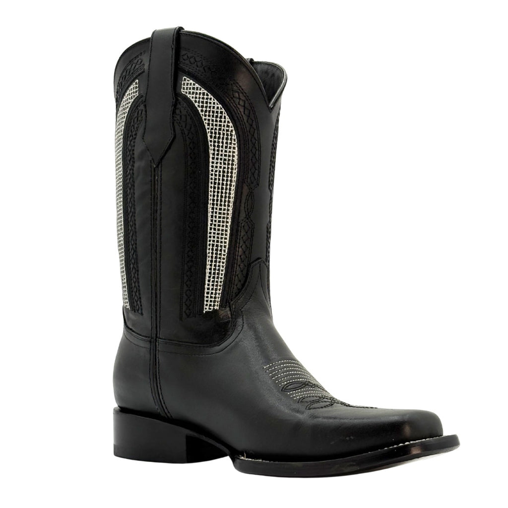 Bota vaquera tipo rodeo, piel auténtica de res y suela de cuero