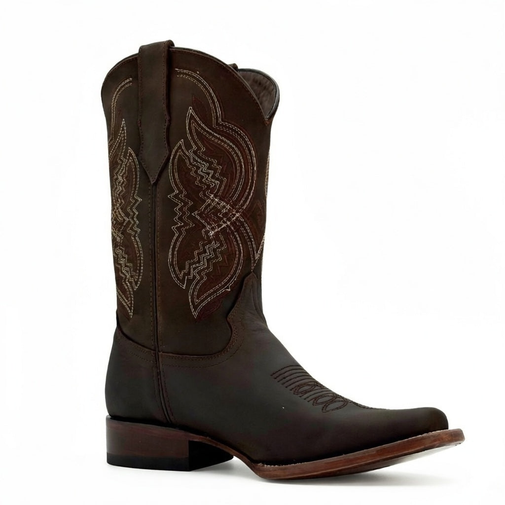Bota vaquera tipo rodeo, piel auténtica de res y suela de cuero