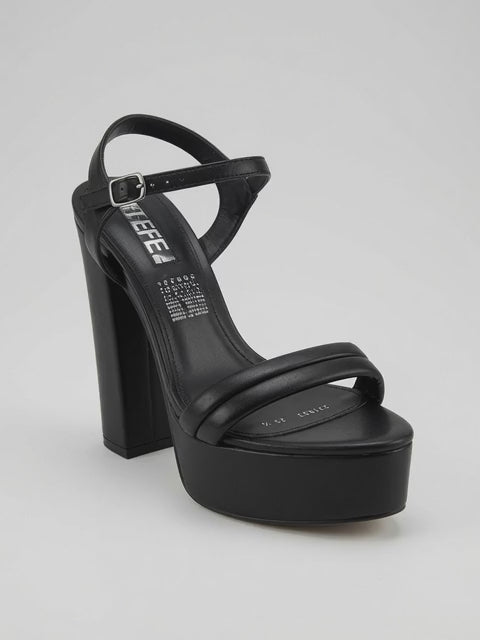 Zapatilla de Plataforma Negra con Tacón Ancho Alto y Correa al Tobillo