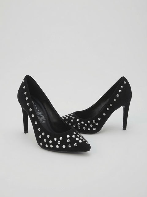 Zapatilla Negra Elegante Con Estoperoles De Tacón Aguja
