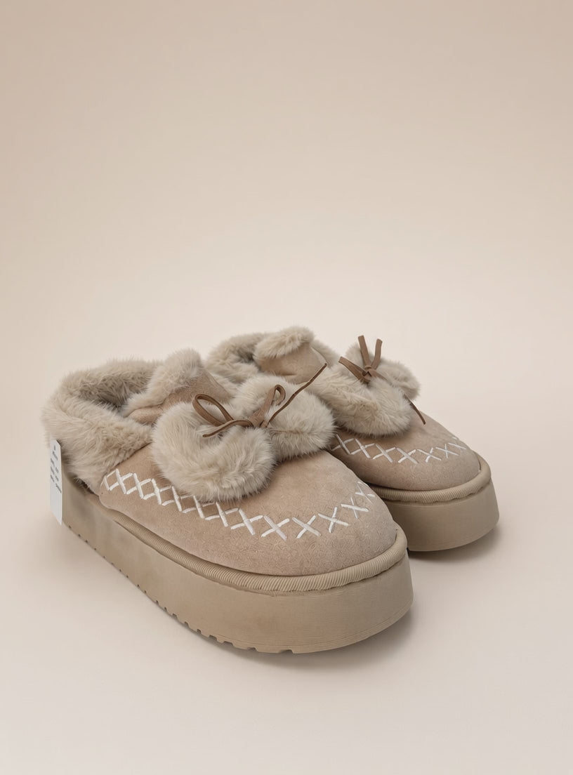 Pantuflas De Peluche Con Plataforma Para Mujer Invierno Beige