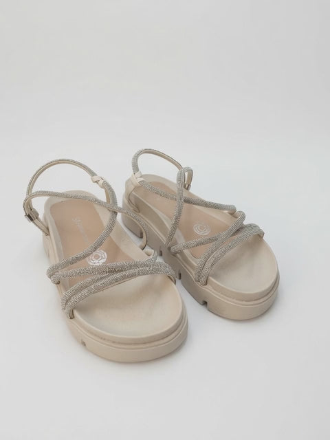 Sandalia Beige con Plataforma y Tiras Brillantes para Mujer