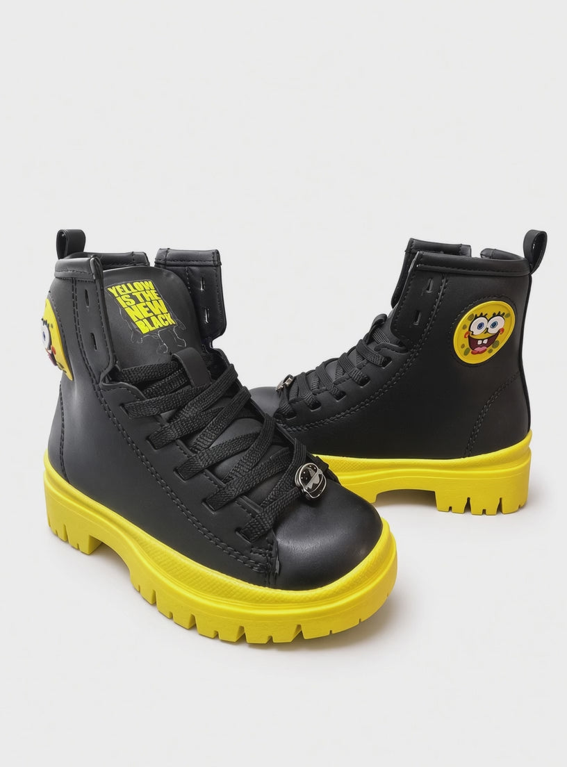 Botines Infantiles Estilo Bob Esponja – Negro con Suela de Goma Amarilla