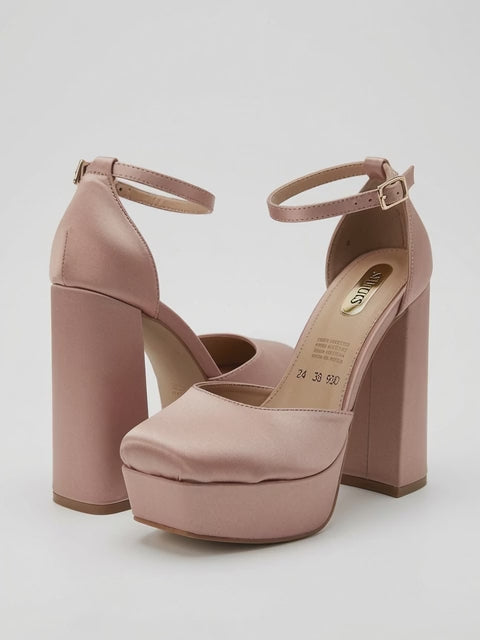 Zapatilla Plataforma Tacón Ancho Para Mujer Satín