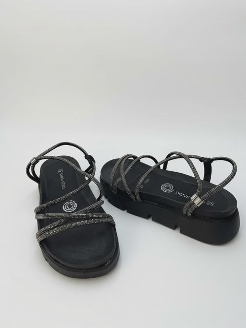 Sandalias Negras con Plataforma y Tiras Brillantes para Mujer