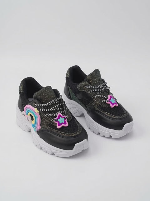Tenis Niña Negro Brillos Diseños De Arcoiris