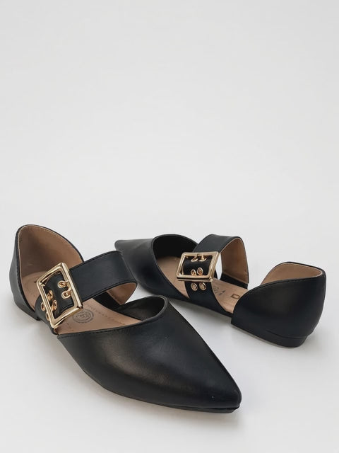 Zapato Flat Negro de Punta Puntiaguda con Correa y Hebilla