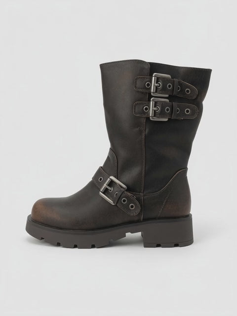 Botin Efe "Rocker" con Hebillas Múltiples - Café Deslavado