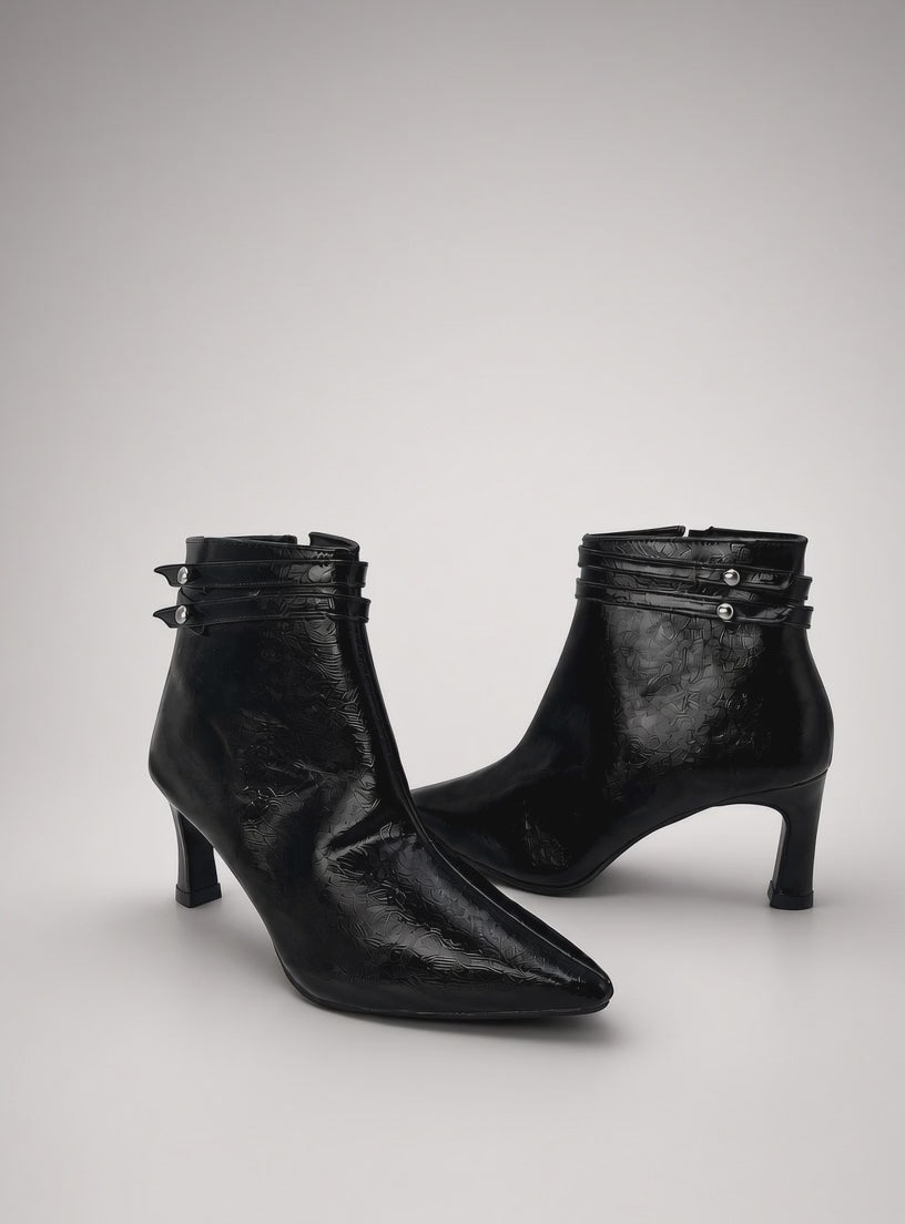 Botín Mujer Negro Tacón Elegante Punta Fina Correas Moda