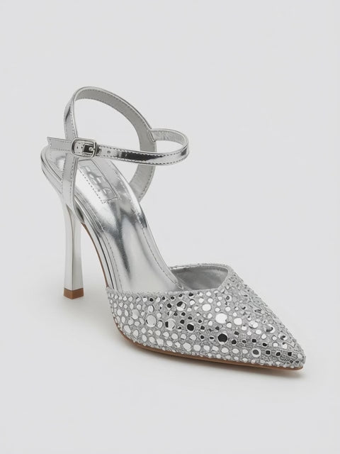 Zapatillas de Fiesta Plata con Brillos y Punta Fina
